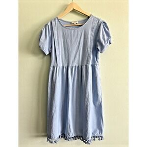 Hailey & Co Women Mid Length Boho A Line Side Pockets Pom‎ Pom Blue Dress Size M